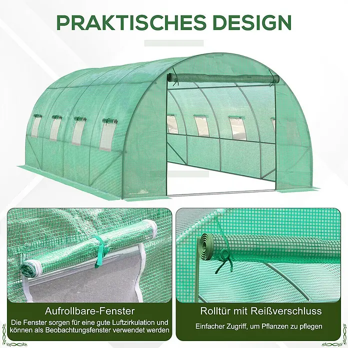Furnicato Gewächshaus - Außenmaß inkl. Dachüberstand (B x T): 300 x 590 cm, Material Seitenwand: Kunststoff, 14 mm, Grau - Ein grünes, bogenförmiges Tunnelgewächshaus mit gitterverstärkter Abdeckung, aufrollbaren Fenstern und einer Rolltür mit Reißverschluss.