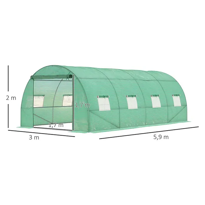 SONNENH Gewächshaus - 590 x 300 cm, Material Seitenwand: Kunststoff, Grün - Grünes Folientunnel-Gewächshaus mit Rollfenstern. Maße: 2m H, 3m B, 5,9m L. Türöffnung 1,7m H x 1,7m B.