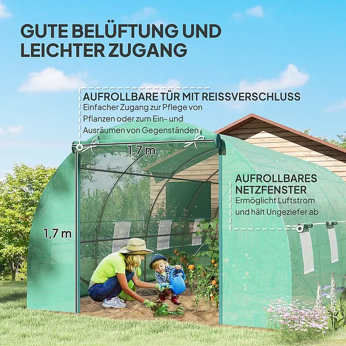 Outsunny Gewächshaus - 595 x 300 cm, Material Seitenwand: Kunststoff, 2 mm - Grünes Netz-Gewächshaus mit aufrollbarer Reißverschlusstür und Netzfenster, Frau und Kind gärtnern darin. Höhe 1,7m.