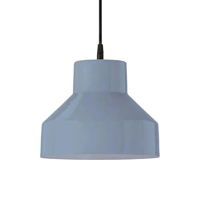 PR Home Pendelleuchte Solo - 25 W, E27 - Hellblaue glänzende Pendelleuchte mit schwarzem Kabel und konischem Schirm.