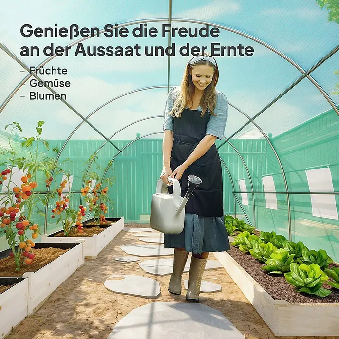 Outsunny Gewächshaus - 595 x 300 cm, Material Seitenwand: Kunststoff, 2 mm - Eine Gärtnerin gießt Obst, Gemüse und Blumen in einem großen Gewächshaus.