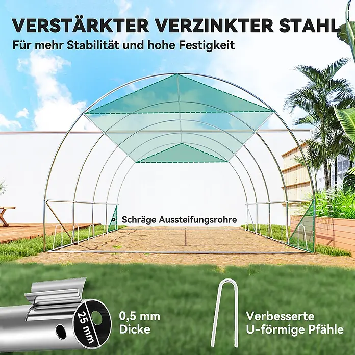 Outsunny Gewächshaus - 400 x 300 cm, Material Seitenwand: Kunststoff, 2 mm - Verstärktes Gewächshausgestell aus verzinktem Stahl mit Diagonalstreben, 25mm Rohren (0,5mm dick) und verbesserten U-Heringen für Stabilität.