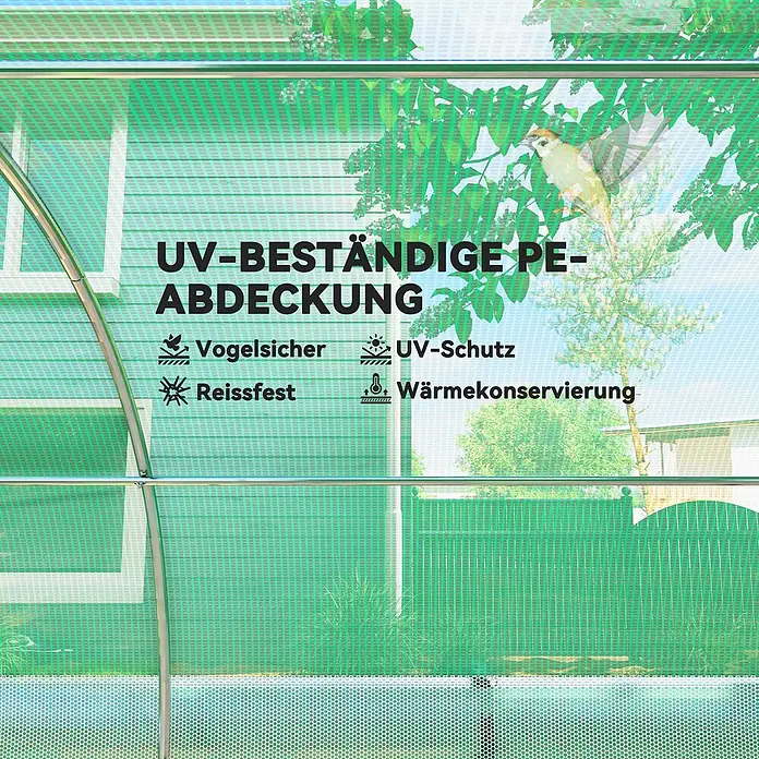 Outsunny Gewächshaus - 400 x 300 cm, Material Seitenwand: Kunststoff, 2 mm - Grüne UV-beständige PE-Netzabdeckung, reißfest, vogelsicher, mit UV-Schutz und Wärmekonservierung, an einem Gewächshaus.