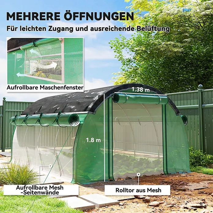 Outsunny Gewächshaus - 400 x 300 cm, Material Seitenwand: Kunststoff, 2 mm - Gewächshaus mit transparentem und grünem Netz, schwarzem Dach und aufrollbaren Fenstern/Tür. 1,8 m hoch, 1,38 m breit, bietet Belüftung für Pflanzen.