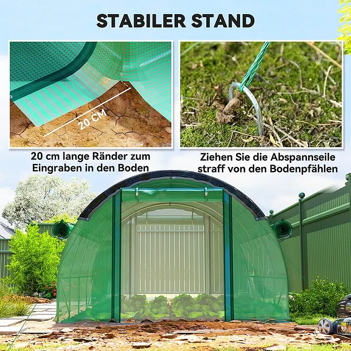 Outsunny Gewächshaus - 400 x 300 cm, Material Seitenwand: Kunststoff, 2 mm - Grünes Maschengewächshaus mit 20 cm langen Rändern zum Eingraben in den Boden und Abspannseilen für stabilen Stand im Garten.