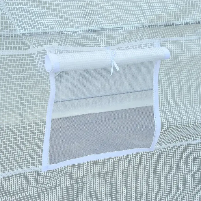 Outsunny Gewächshaus - Außenmaß inkl. Dachüberstand (B x T): 245 x 200 cm, Material Seitenwand: Kunststoff, 2 mm - Weißer gitterverstärkter Gewächshausbezug mit hochgerollter, gebundener Fensterklappe, die einen klaren, transparenten Bereich zeigt.
