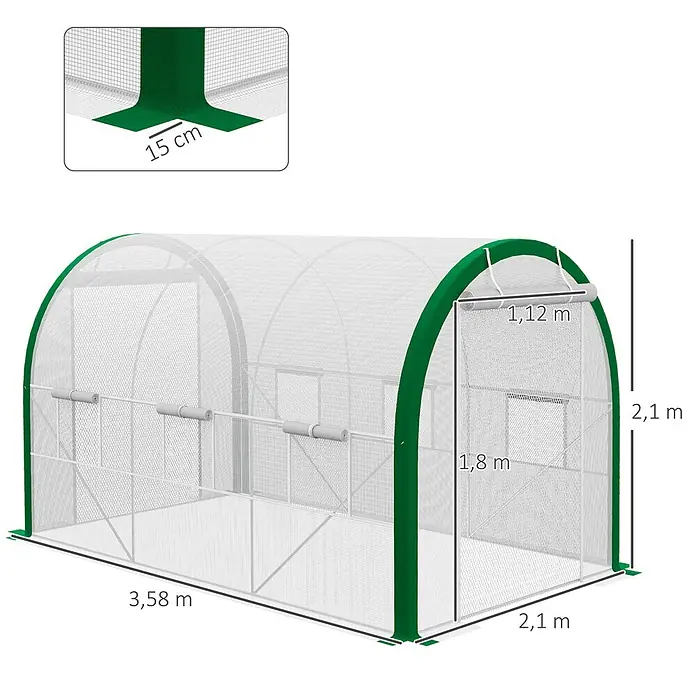 Outsunny Gewächshaus - 358 x 210 cm, Material Seitenwand: Kunststoff, 2 mm - Gewölbtes Insektenschutz-Gewächshaus aus weißem Netz mit grünem Rahmen, Maße und 15 cm Bodenschürze.