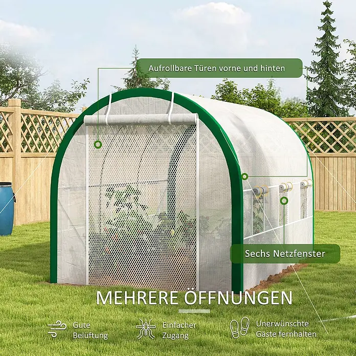 Outsunny Gewächshaus - 358 x 210 cm, Material Seitenwand: Kunststoff, 2 mm - Weiß-grünes Netz-Gewächshaus im Garten mit aufrollbaren Türen und sechs Netzfenstern für gute Belüftung, einfachen Zugang und Schädlingsschutz.