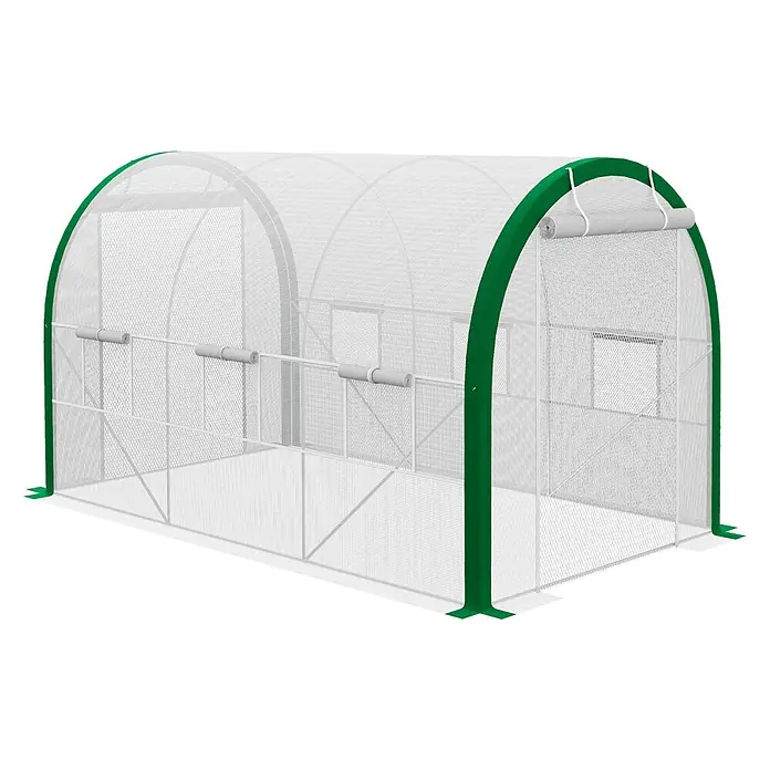 Outsunny Gewächshaus - 358 x 210 cm, Material Seitenwand: Kunststoff, 2 mm - Weißes Netztunnel-Gewächshaus mit grünem Rahmen, aufrollbaren Seiten- und Frontfenstern.