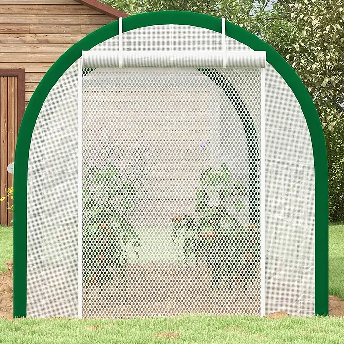 Furnicato Gewächshaus - Außenmaß inkl. Dachüberstand (B x T): 210 x 358 cm, Material Seitenwand: Stahl, 14 mm, Grau - Grünes und weißes bogenförmiges Mini-Gewächshaus mit aufrollbarer Netztür, ideal für den Garten.