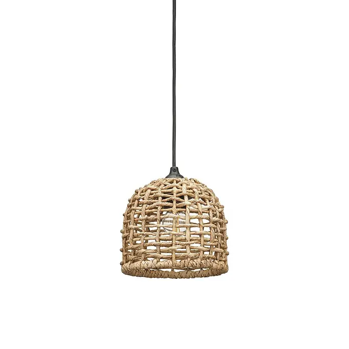 PR Home Pendelleuchte 17cm Outdoor - 15 W, E27 - Hängelampe aus Naturgeflecht mit schwarzem Kabel und sichtbarer Glühbirne.