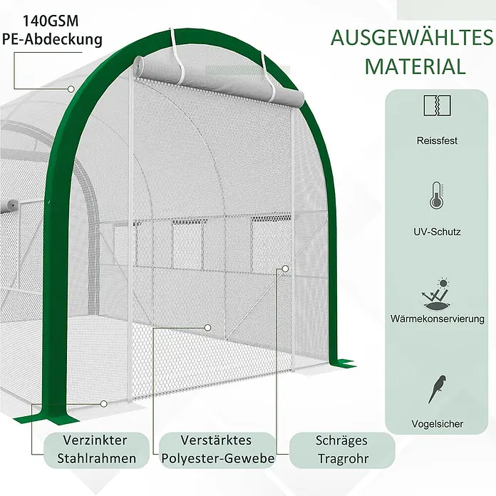 Outsunny Gewächshaus - 358 x 210 cm, Material Seitenwand: Kunststoff, 2 mm - Gewächshaus mit grünem Rahmen und 140GSM PE-Abdeckung. Verzinkter Stahl, verstärktes Polyester, reißfest, UV-Schutz, wärmeerhaltend, vogelsicher.