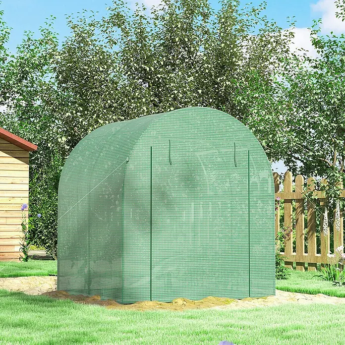 Outsunny Gewächshaus - 180 x 180 cm, Material Seitenwand: Kunststoff, 3 mm, Grün - Grünes, gewölbtes Stoffgewächshaus in einer Gartenumgebung, zum Anbau von Pflanzen.