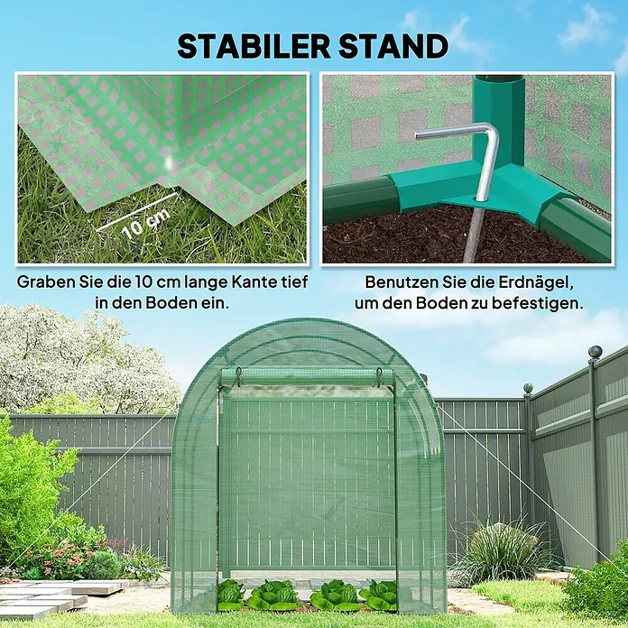Outsunny Gewächshaus - 180 x 180 cm, Material Seitenwand: Kunststoff, 3 mm, Grün - Grünes Gewächshaus mit Anleitung zur stabilen Verankerung: 10 cm Kante eingraben und Erdnägel verwenden.