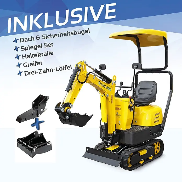 Bamato Minibagger MIB-600 inkl. Zubehörset - 6.300 W, Benzin, Auslegerschwenkbereich: 70 ° - Gelber Minibagger mit Dach, Sicherheitsbügel, Spiegelset, Haltekralle, Greifer und Dreizahnlöffel.