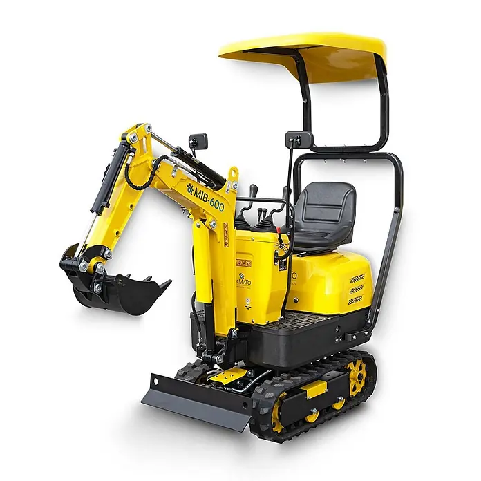 Bamato Minibagger MIB-600 inkl. Zubehörset - 6.300 W, Benzin, Auslegerschwenkbereich: 70 ° - Gelber und schwarzer Kompakt-Minibagger mit Ketten, Hydraulikarm und Fahrersitz unter einem Dach.