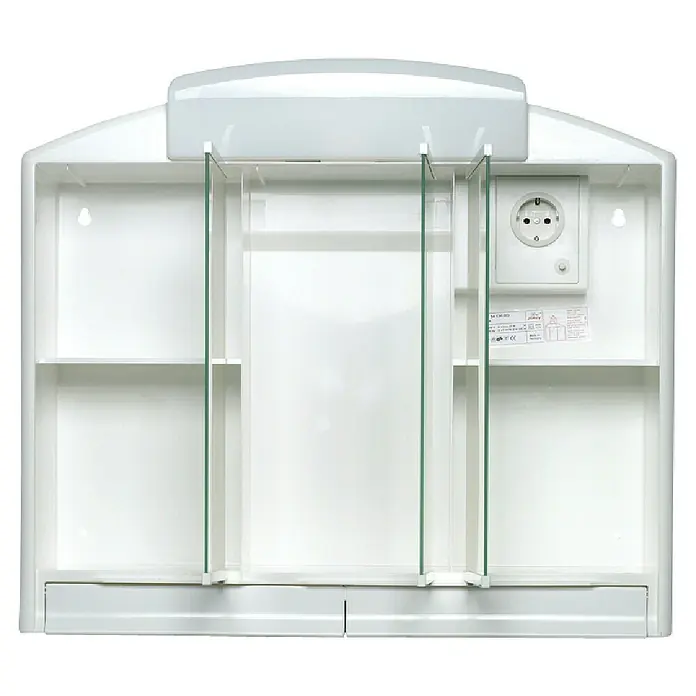 Jokey Spiegelschrank Rano - B x H: 59 x 51 cm, Weiß - Ein weißer Spiegelschrank mit Glasablagen und einer integrierten Steckdose, ideal für das Badezimmer.