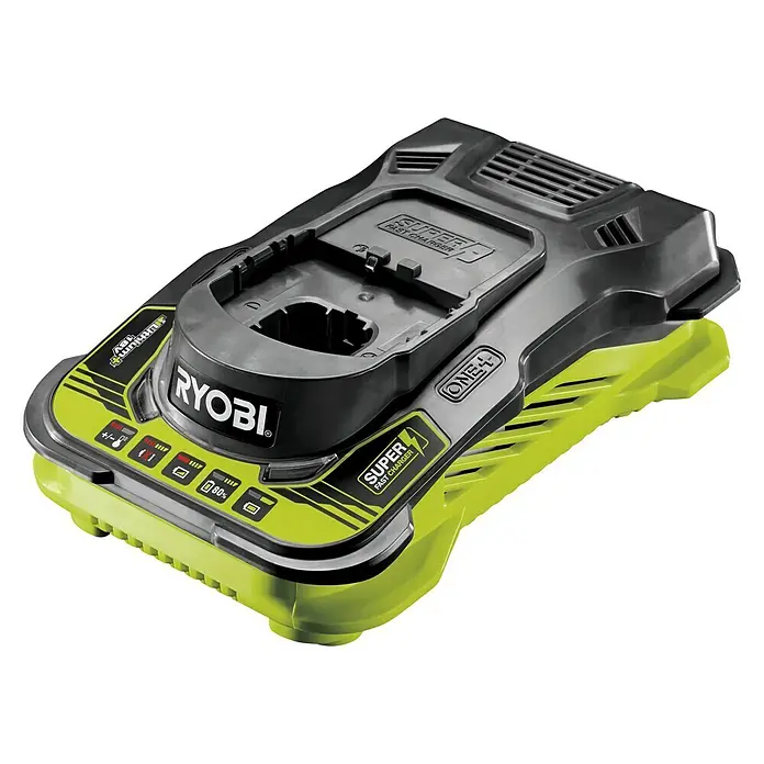 Ryobi ONE+ Cargador de baterías RC 18150 - Específico para: Baterías Ryobi ONE+ 18 V - Primer plano del cargador super rápido Ryobi One+ para baterías Lithium+, con indicadores de carga y el logo de Ryobi.