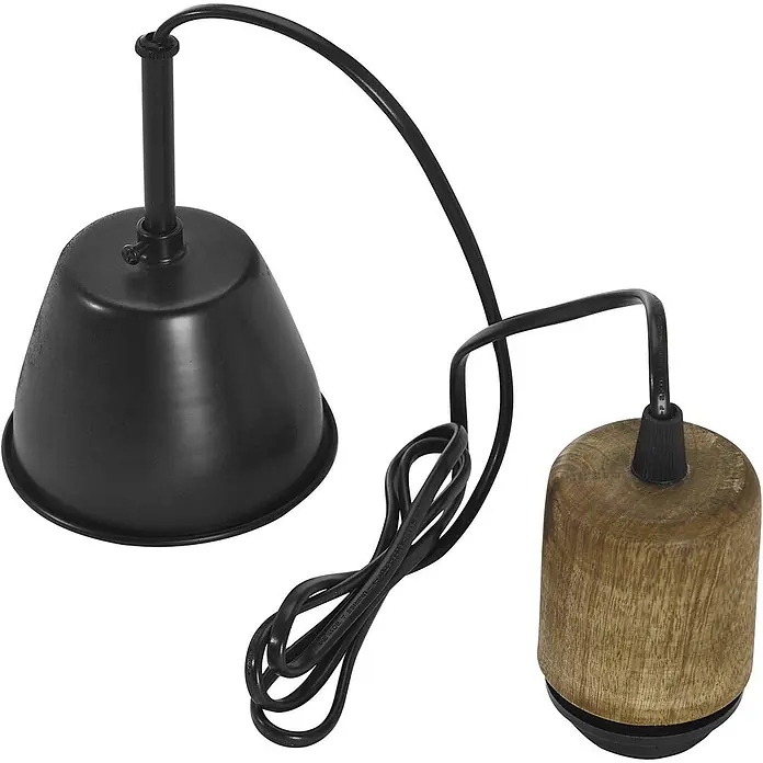 PR Home Pendelleuchte Siv - 15 W - Schwarze Metall- und Holzpendelleuchtenkomponenten, verbunden durch ein schwarzes Kabel, montagebereit.