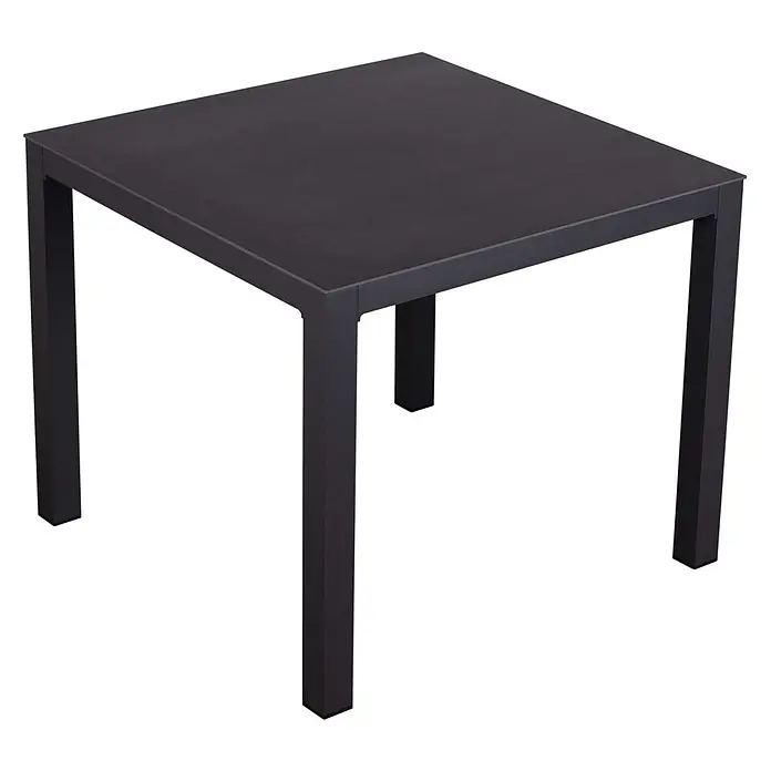 Bene Living Gartentisch-Set Solana mit Tisch Tarifa - Gesamtumfang: 5 -tlg., Aluminium pulverbeschichtet, Rope-Geflecht, Teakholzbeine und Tischplatte aus gesintertem Stein (Keramik) - Matte schwarze quadratische Metalltisch mit geraden Beinen.