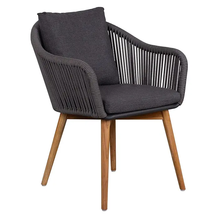 Bene Living Gartenstuhl-Set Solana - 2 Stk., Aluminium mit Teakbeinen, grau, B x T x H: 63 x 59 x 78 cm - Dunkelgrauer Outdoor-Stuhl mit geflochtenem Seildesign, Kissen und Naturholzbeinen.