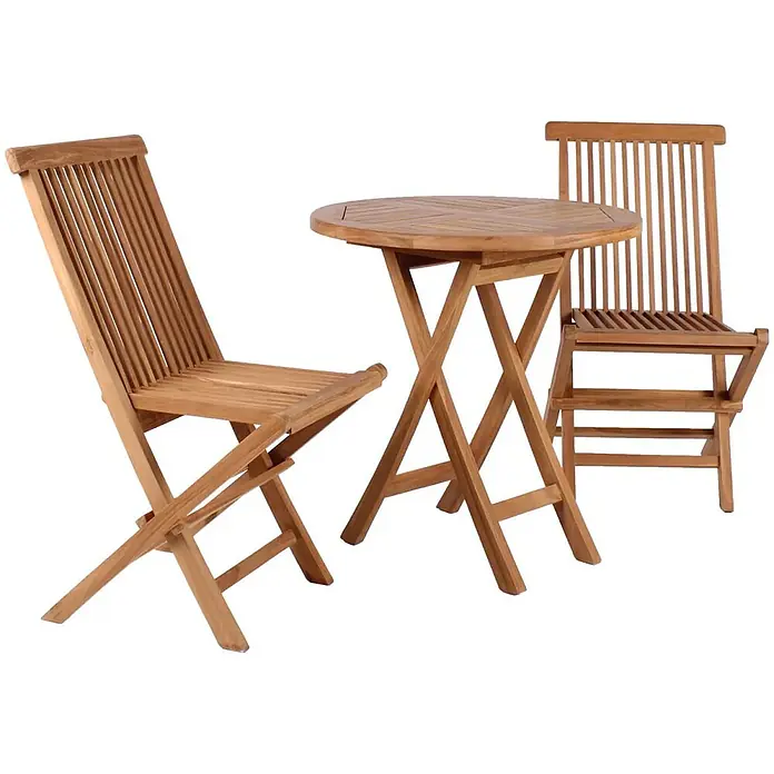 Bene Living Gartentisch-Set Langton & Tisch Sutton - Gesamtumfang: 3 -tlg., Teakholz, Klappbar - Hölzerne klappbare Terrassenmöbelgarnitur mit zwei Stühlen und einem runden Tisch.