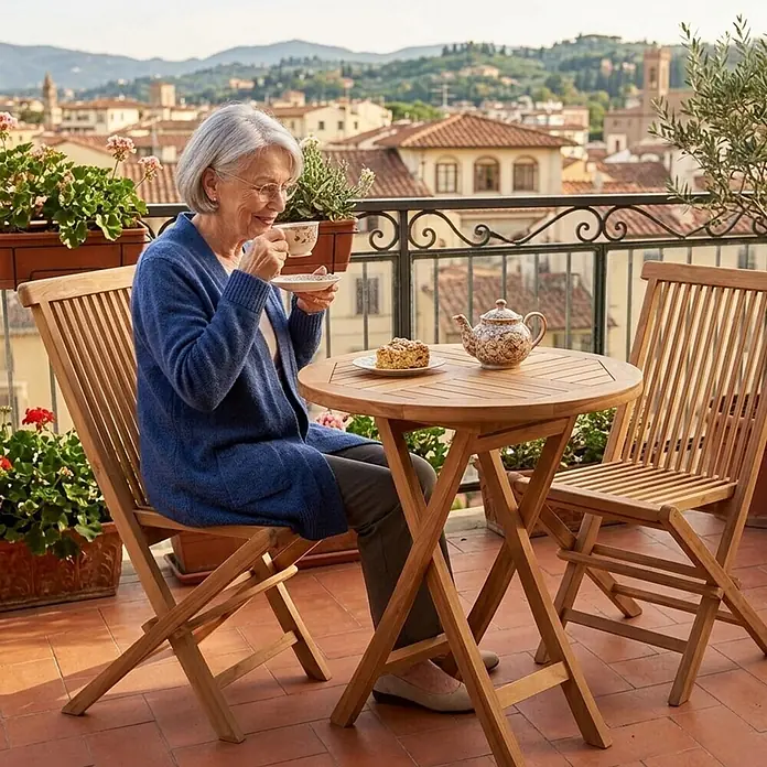 Bene Living Gartentisch-Set Langton & Tisch Sutton - Gesamtumfang: 3 -tlg., Teakholz, Klappbar - Eine ältere Frau genießt Tee und Kuchen auf einem Balkon mit einem klappbaren Holztisch und passenden Stühlen.