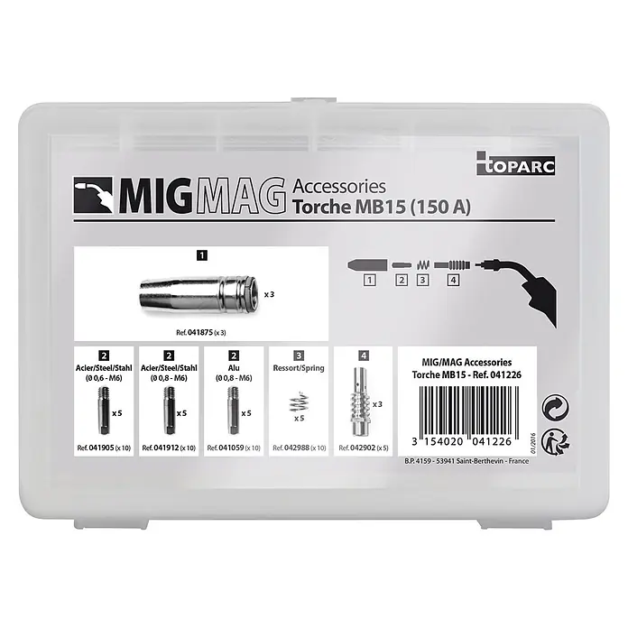 Gys Schweißzubehör-Set - 26 -tlg. - Set MIG/MAG Schweißbrenner-Zubehör in Klarsichtkasten, inkl. Kontaktdüsen, Federn und Gasdüsen für MB15 (150 A) Brenner.