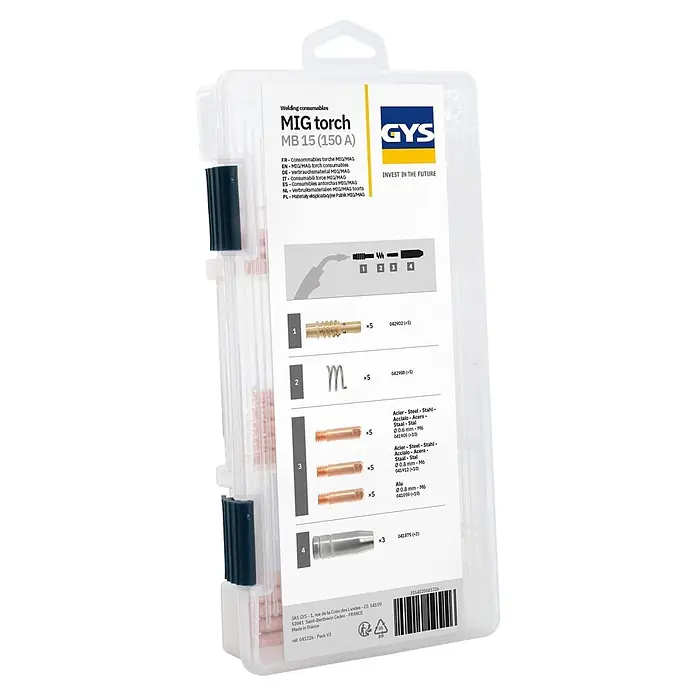 Gys Schweißzubehör-Set - 26 -tlg. - GYS MIG-Brennersatz in transparenter Box, mit Kontaktspitzen, Gasdiffusor, Spitzenhalter und Gasdüse für Schweißarbeiten.