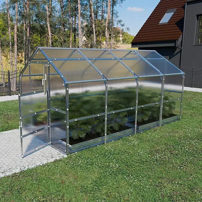 Klasika Greenhouses Gewächshaus Bernard Klasika - Außenmaß inkl. Dachüberstand (B x T): 235 x 400 cm, Material Seitenwand: Kunststoff, 4 mm, Silbergrau - Gewächshaus aus Metallrahmen und Polycarbonat mit offener Tür, bepflanzt, in einem Garten.
