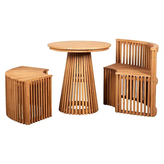 Bene Living Gartentisch-Set Henfield - Gesamtumfang: 3 -tlg., L x B x H: 60 x 170 x 76 cm, Ø x H: 70 x 76 cm, 100% Teakholz, Ausziehbar - Helles Holz-Bistroset für draußen mit Rundtisch, geschwungener Bank und Hocker, alle im Latten-Design.