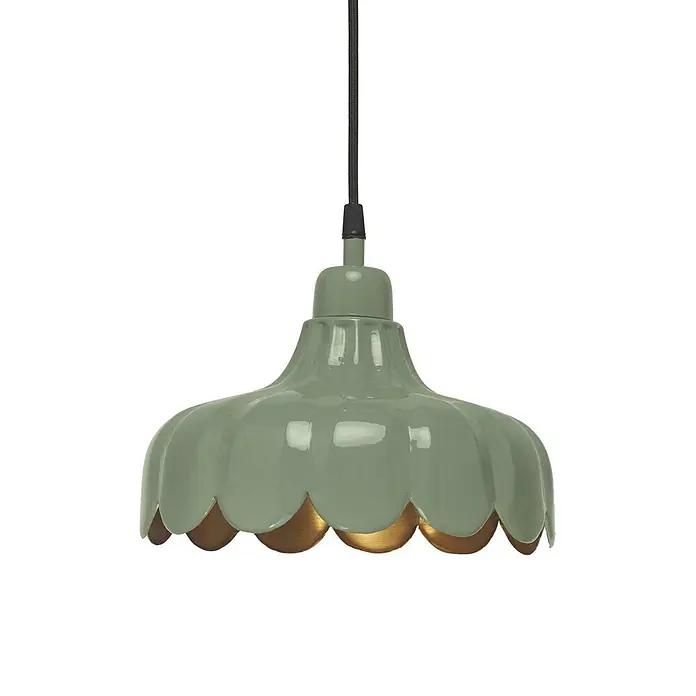 PR Home Pendelleuchte 24cm Fensterleuchte - 25 W, E27 - Hellgrüne Pendelleuchte mit gewelltem Rand und goldenem Inneren, an schwarzem Kabel hängend.