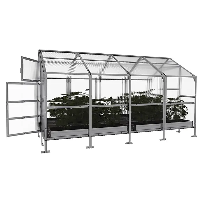 Klasika Greenhouses Gewächshaus Bernard Klasika - Außenmaß inkl. Dachüberstand (B x T): 235 x 400 cm, Material Seitenwand: Kunststoff, 4 mm, Silbergrau - Gewächshaus mit silbernem Metallrahmen, transparenten Platten, offener Tür und Dachluke, enthält grüne Pflanzen.