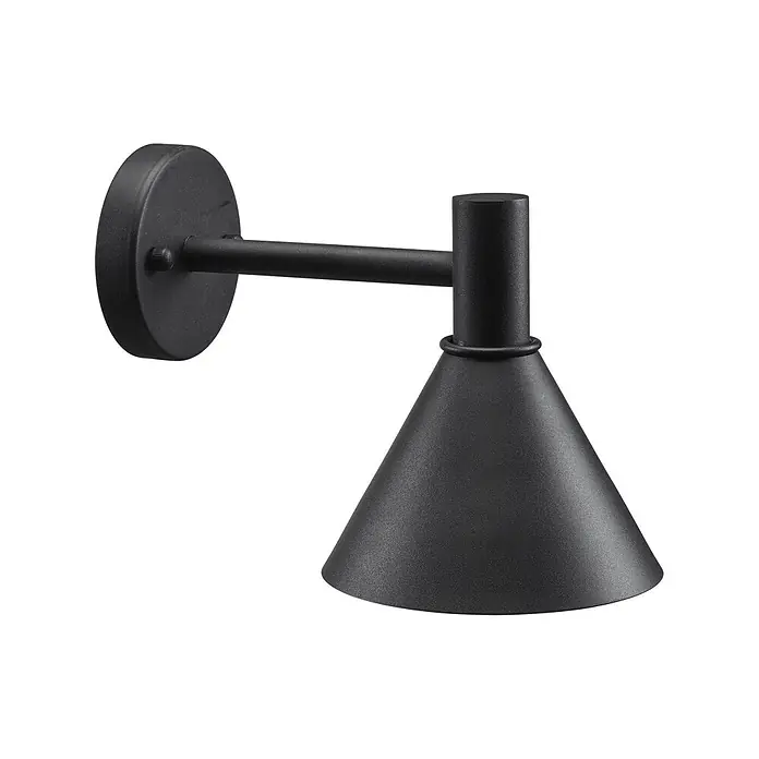 PR Home Außenwandleuchte Mini-Tripp - 15 W, IP44 - Mattschwarze Metall-Wandleuchte mit konischem Schirm, auf rundem Sockel.