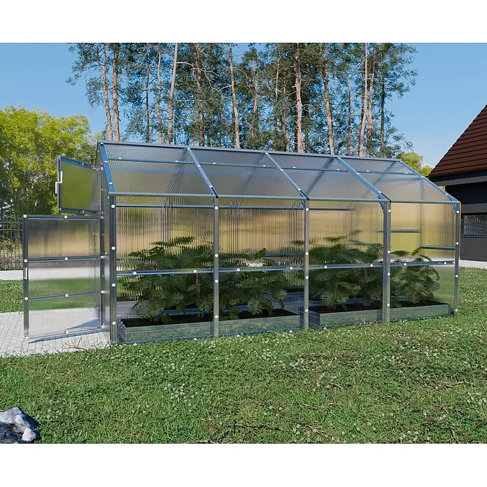 Klasika Greenhouses Gewächshaus Bernard Klasika - Außenmaß inkl. Dachüberstand (B x T): 235 x 400 cm, Material Seitenwand: Kunststoff, 4 mm, Silbergrau - Gewächshaus aus silbernem Aluminium und transparenten Wellplatten in einem Garten mit Pflanzen. Die Tür ist leicht geöffnet.