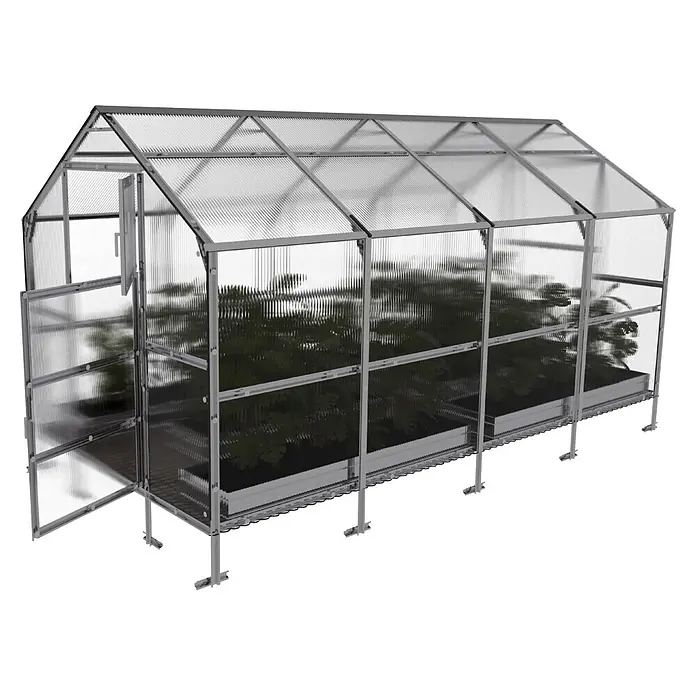 Klasika Greenhouses Gewächshaus Bernard Klasika - Außenmaß inkl. Dachüberstand (B x T): 235 x 400 cm, Material Seitenwand: Kunststoff, 4 mm, Silbergrau - Gewächshaus mit transparenten Platten, silbernem Rahmen und offener Tür, mit Pflanzen im Inneren.