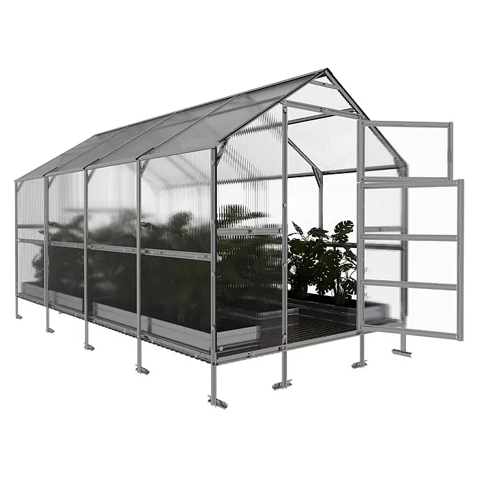 Klasika Greenhouses Gewächshaus Bernard Klasika - Außenmaß inkl. Dachüberstand (B x T): 235 x 400 cm, Material Seitenwand: Kunststoff, 4 mm, Silbergrau - Graues Metall-Gewächshaus mit transparenten Wellkunststoffplatten, offener Tür und Pflanzen darin.