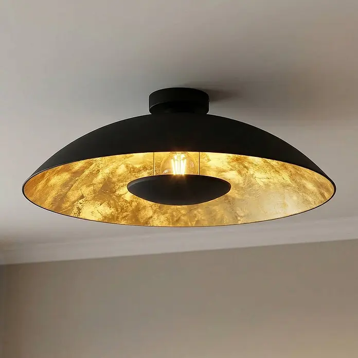 Lindby Deckenleuchte Emilienne - schwarz, E27 - Schwarze Deckenleuchte mit blattgoldfarbener Innenseite und freiliegender Glühbirne.