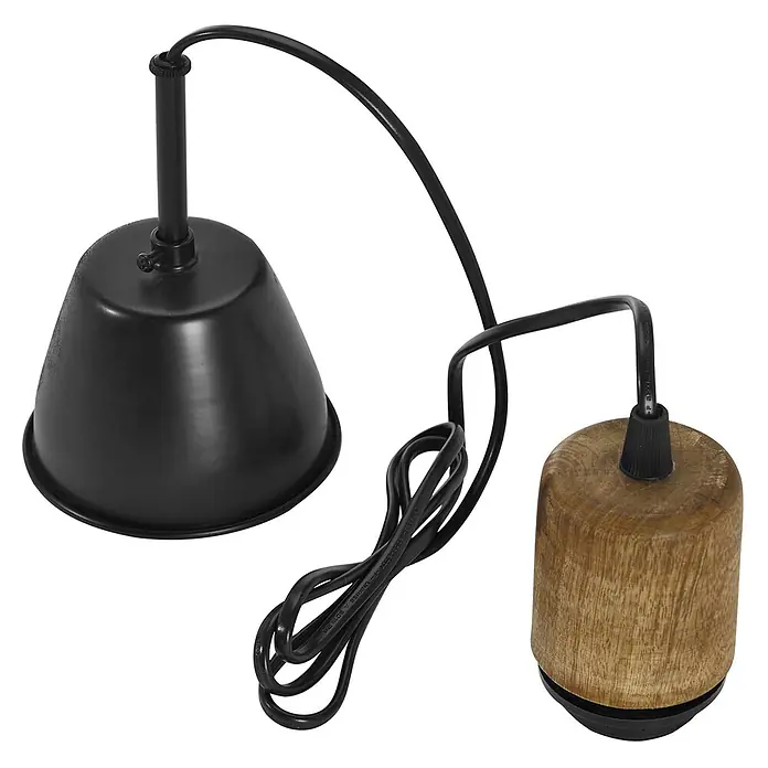 PR Home Pendelleuchte Estrid - 15 W, E27 - Zwei Pendelleuchten: ein schwarzer Metallkegel und ein Holzzylinder, verbunden durch ein schwarzes Kabel.