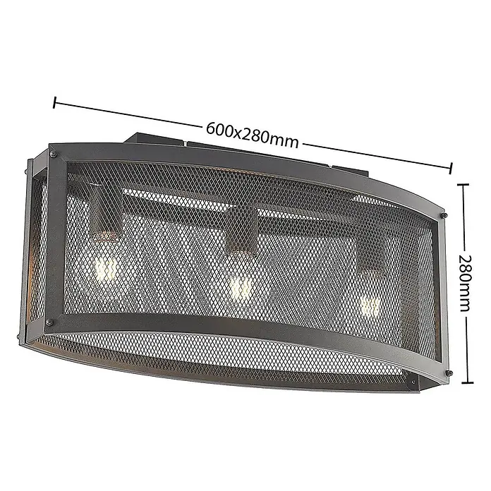 Lindby Deckenleuchte Mizgin - schwarz, E27 - Dunkelgraue Deckenleuchte aus Metallgeflecht mit geschwungenem Design und drei sichtbaren Glühbirnen.
