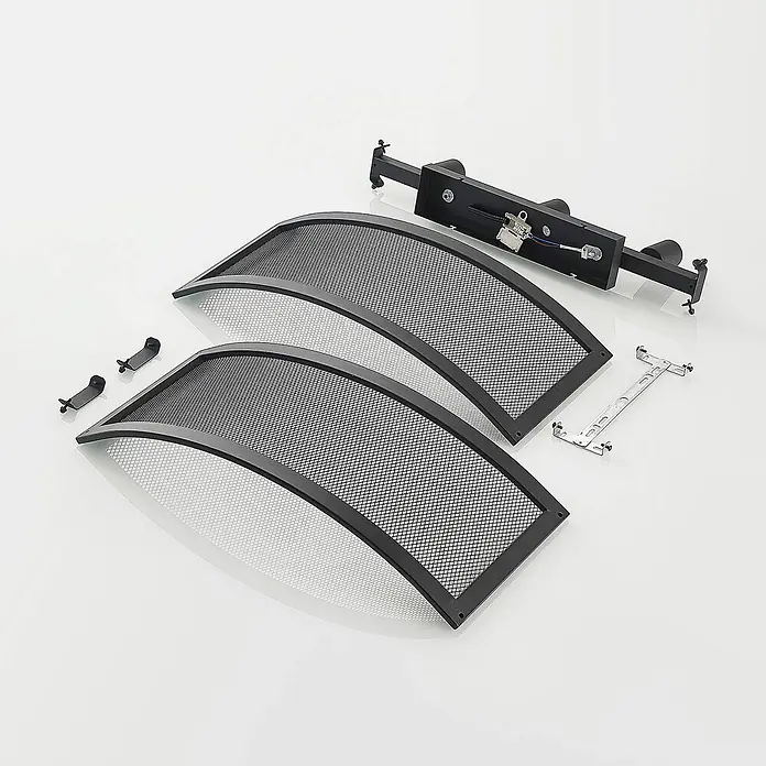 Lindby Deckenleuchte Mizgin - schwarz, E27 - Demontierte schwarze Metallgitter-Leuchtenkomponenten: gebogene Gitter, eine Lichtleiste und Montagezubehör.