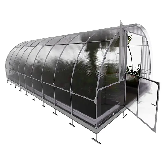 Klasika Greenhouses Gewächshaus Tube Klasika - Außenmaß inkl. Dachüberstand (B x T): 300 x 600 cm, Material Seitenwand: Kunststoff, 4 mm, Silbergrau - Tunnelgewächshaus mit transparenten Polycarbonatplatten, silbernem Rahmen, offener Tür und Dachluke, Pflanzen sichtbar.