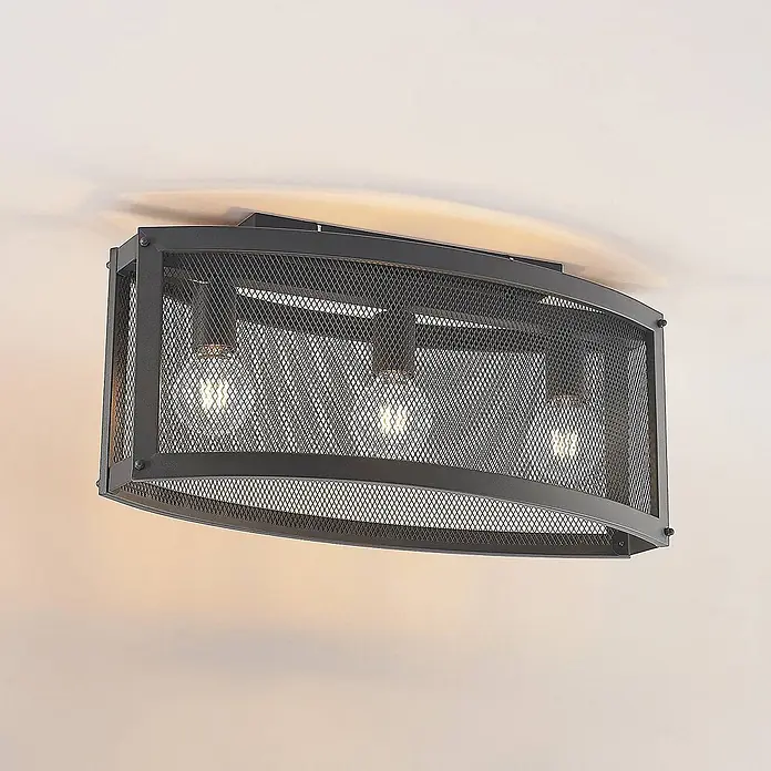 Lindby Deckenleuchte Mizgin - schwarz, E27 - Dunkle Metall-Deckenleuchte mit gebogenem Gitterdesign und drei sichtbaren Glühbirnen.