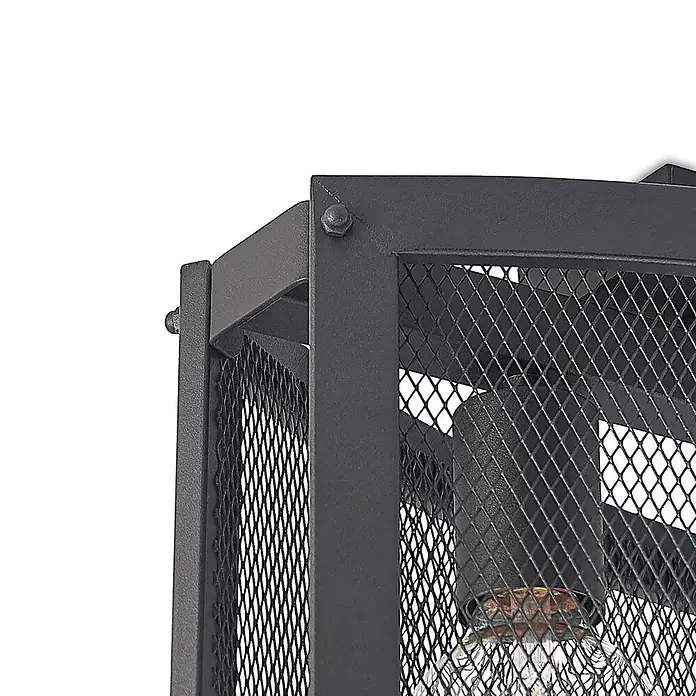 Lindby Deckenleuchte Mizgin - schwarz, E27 - Nahaufnahme einer schwarzen Metallleuchte mit Maschendrahtkäfig und sichtbarer Glühbirne.
