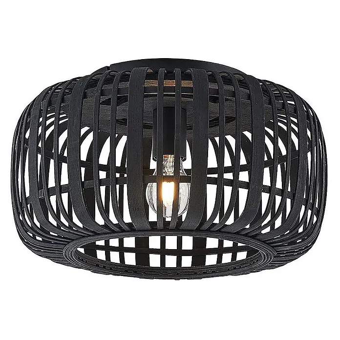 Lindby Deckenleuchte Canyana - Holz dunkel, E27 - Schwarze Deckenleuchte aus geflochtenem Rattan mit freiliegender Glühbirne.