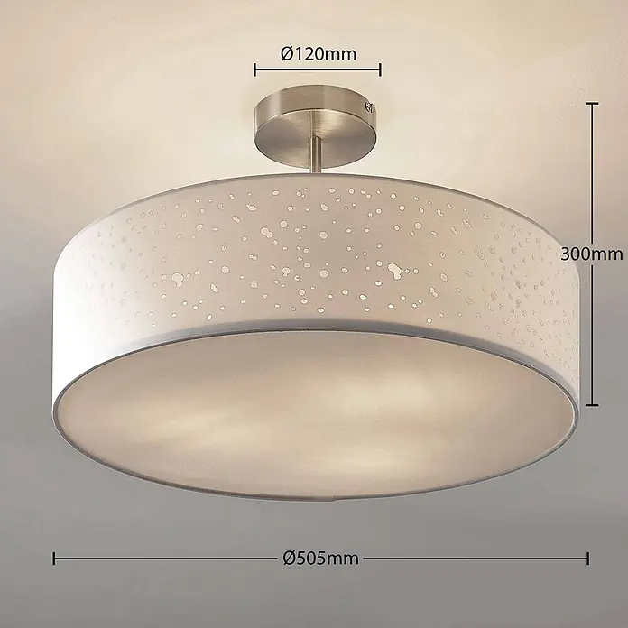 Lindby Deckenleuchte Umma - L x B x H: 50 x 50 x 30 cm, weiß / opal, E27 - Runde Deckenleuchte mit Baldachin aus gebürstetem Metall und großem, hellem Stoffschirm mit gesprenkeltem Muster. Durchmesser 505mm, Höhe 300mm.