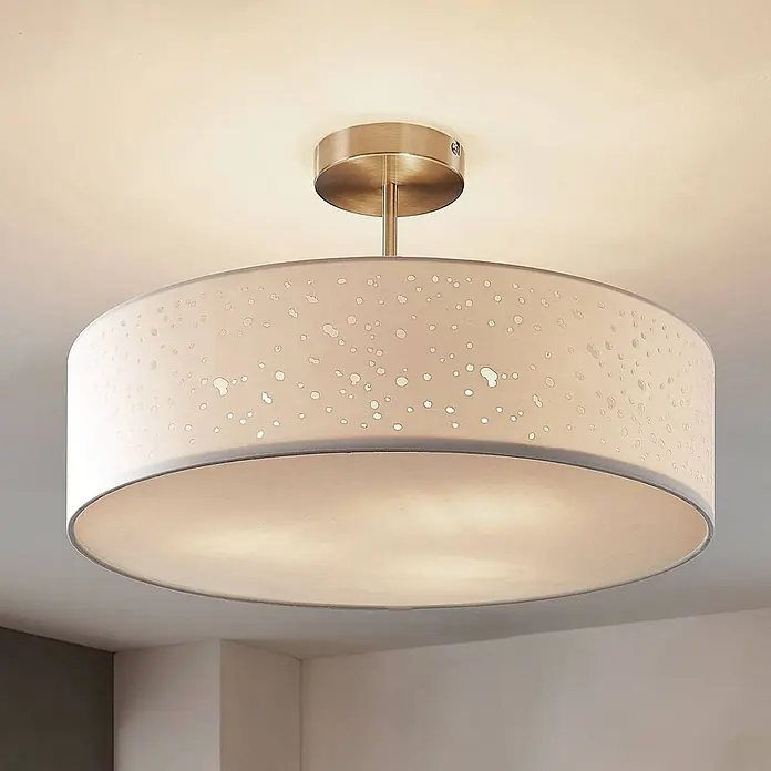 Lindby Deckenleuchte Umma - L x B x H: 50 x 50 x 30 cm, weiß / opal, E27 - Runde Deckenleuchte mit messingfarbener Halterung und einem gesprenkelten, beleuchteten Stoffschirm.