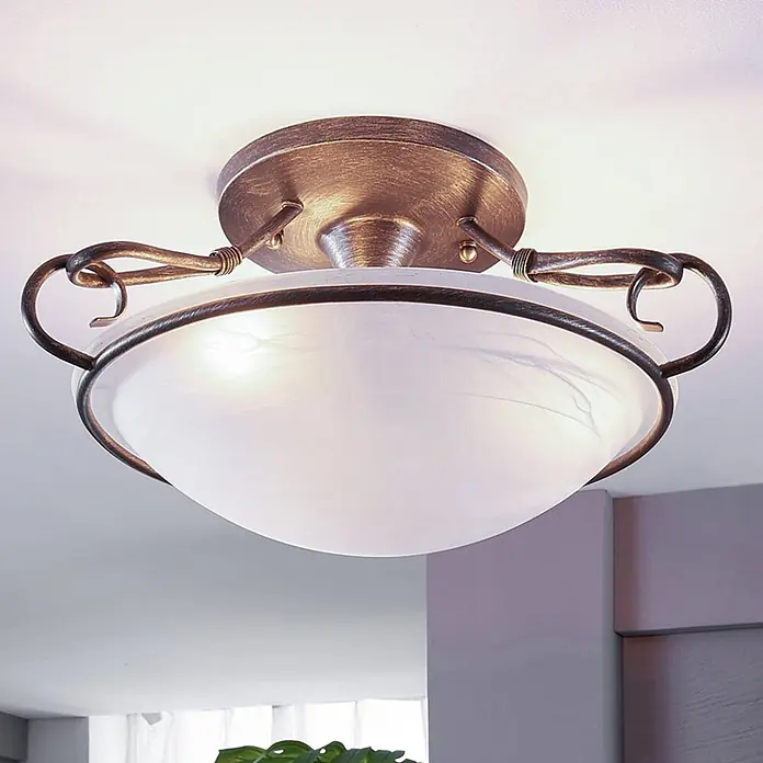 Lindby Deckenleuchte Rando - alu / grau / zink, E27 - Deckenleuchte mit antikbronzenem Metallgestell und weißer Milchglas-Schale.