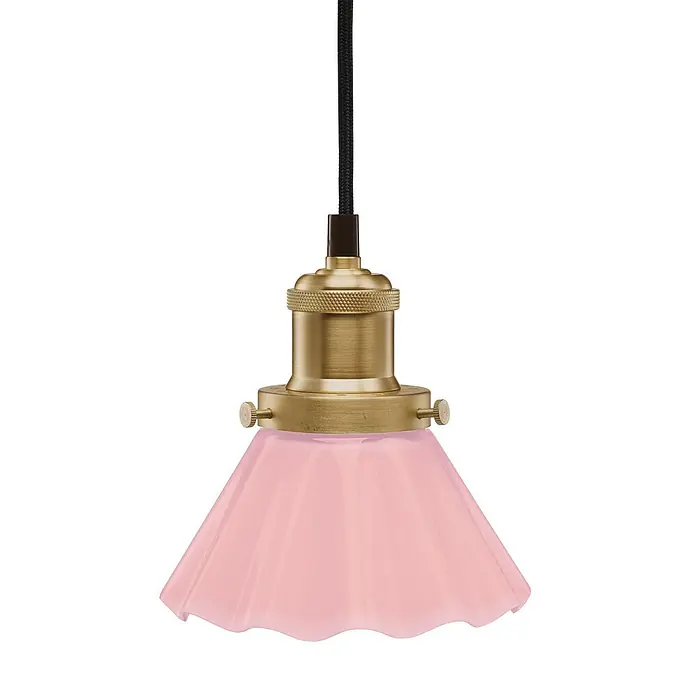 PR Home Pendelleuchte Fensterleuchte - 15 W, L x B x H: 15 x 15 x 16 cm, E27 - Rosafarbene Pendelleuchte aus geriffeltem Glas mit Messingfassung und schwarzem Textilkabel.