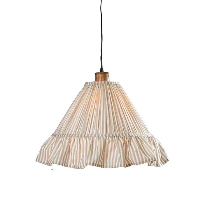 PR Home Pendelleuchte Estrid - 40 W, E27 - Plissierte Stoff-Pendelleuchte mit Rüschenrand und Streifenmuster, mit messingfarbenem Aufsatz.